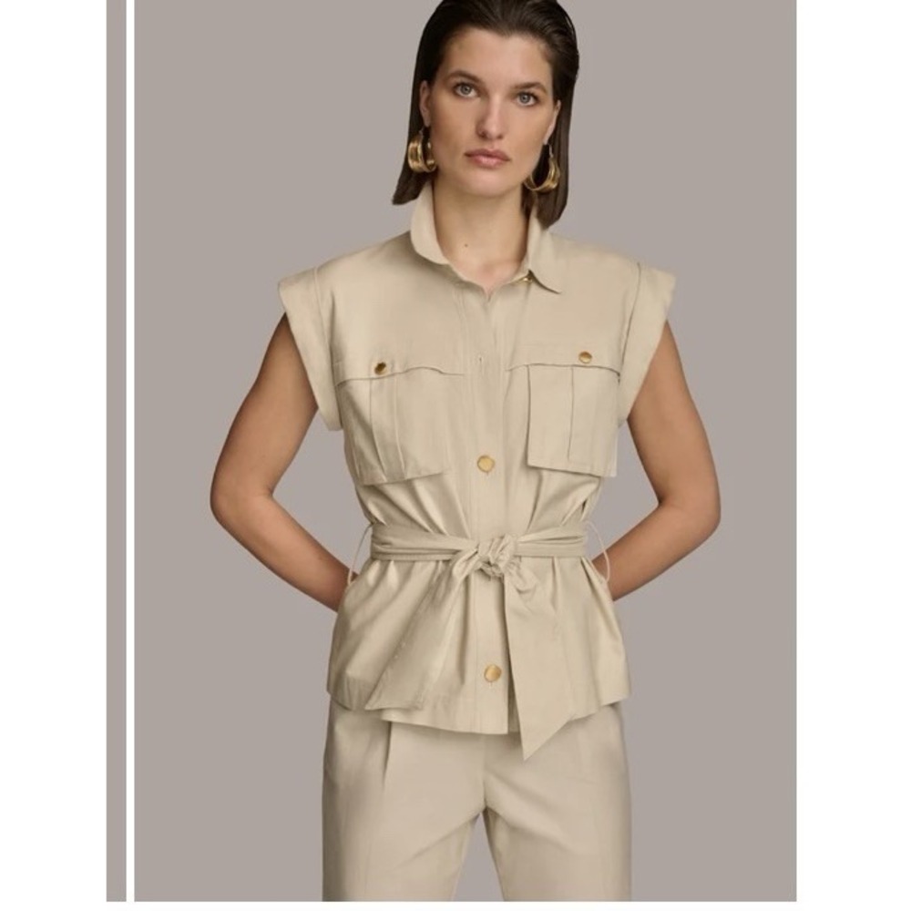 Donna Karan New York Womens Large Sleeveless Utility vest Jacket Blazer Beige
